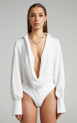 Zephyr Bodysuit - Plunge Neck Cowl Bodysuit in White