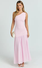 Zia Maxi Dress - One Shoulder Sheer Skirt Dress in Pink