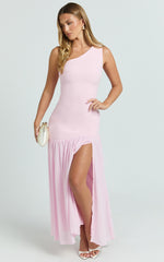 Zia Maxi Dress - One Shoulder Sheer Skirt Dress in Pink