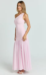 Zia Maxi Dress - One Shoulder Sheer Skirt Dress in Pink