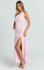 Zia Maxi Dress - One Shoulder Sheer Skirt Dress in Pink