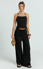 Zia Two Piece Set - Beaded Top and Wide Leg Pant Set in Black