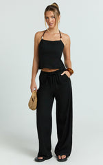 Zia Two Piece Set - Beaded Top and Wide Leg Pant Set in Black