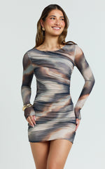 Zita Mini Dress - High Neck Long Sleeve Bodycon Mesh Dress in Neutral Stripe