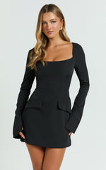 Zita Mini Dress - Long Sleeve Tailored Tulip Dress in Black