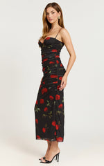 Ziva Midi Dress - Plunge Corset Front Dress in Midnight Rose