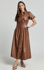 Ziva Midi Dress - Short Puff Sleeve Button Through Dress in Chocolate