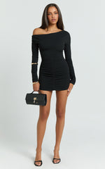 Zoe Mini Dress - Asymmetric Off Shoulder Fitted Sleeve Ruched Jersey Dress in Black