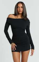 Zoe Mini Dress - Asymmetric Off Shoulder Fitted Sleeve Ruched Jersey Dress in Black