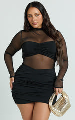 Zoe Mini Dress - Long Sleeve Mesh Dress in Black