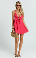 Zora Mini Dress - V Neck Bow Front Baby Doll Mini Dress in Red
