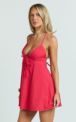 Zora Mini Dress - V Neck Bow Front Baby Doll Mini Dress in Red