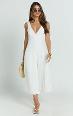 Zula Midi Dress - V Neck Sleeveless Under Bust Seam Circular Skirt Dress in White