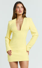 Zyla Mini Dress - Wide Shoulder Sweetheart Neck Fitted Dress in Lemon