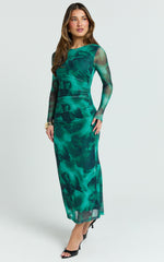 Zyra Midi Dress - High Neck Long Sleeve Mesh Dress in Green Blurred Print