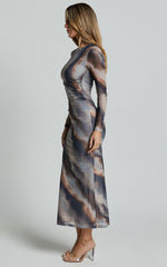 Zyra Midi Dress - High Neck Long Sleeve Mesh Dress in Tie Dye Print