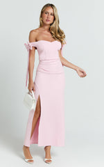 Zyriel Midi Dress - Off Shoulder Bow Sleeve Dress in Pink