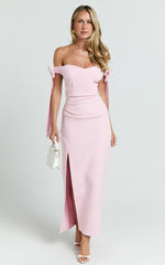 Zyriel Midi Dress - Off Shoulder Bow Sleeve Dress in Pink