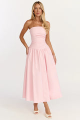 Louisa Maxi Dress - Strapless Side Ruched Dropped Waist Fit And Flare Dress in Pink