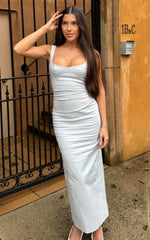 Benita Midi Dress - Scoop Neck Ruched Fitted Dress in Blue