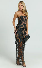 Sienna Maxi Dress - 3D Floral Strapless Column Dress in Black