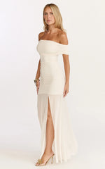 Alanna Maxi Dress - Off Shoulder Ruched Mesh Dress in Cream