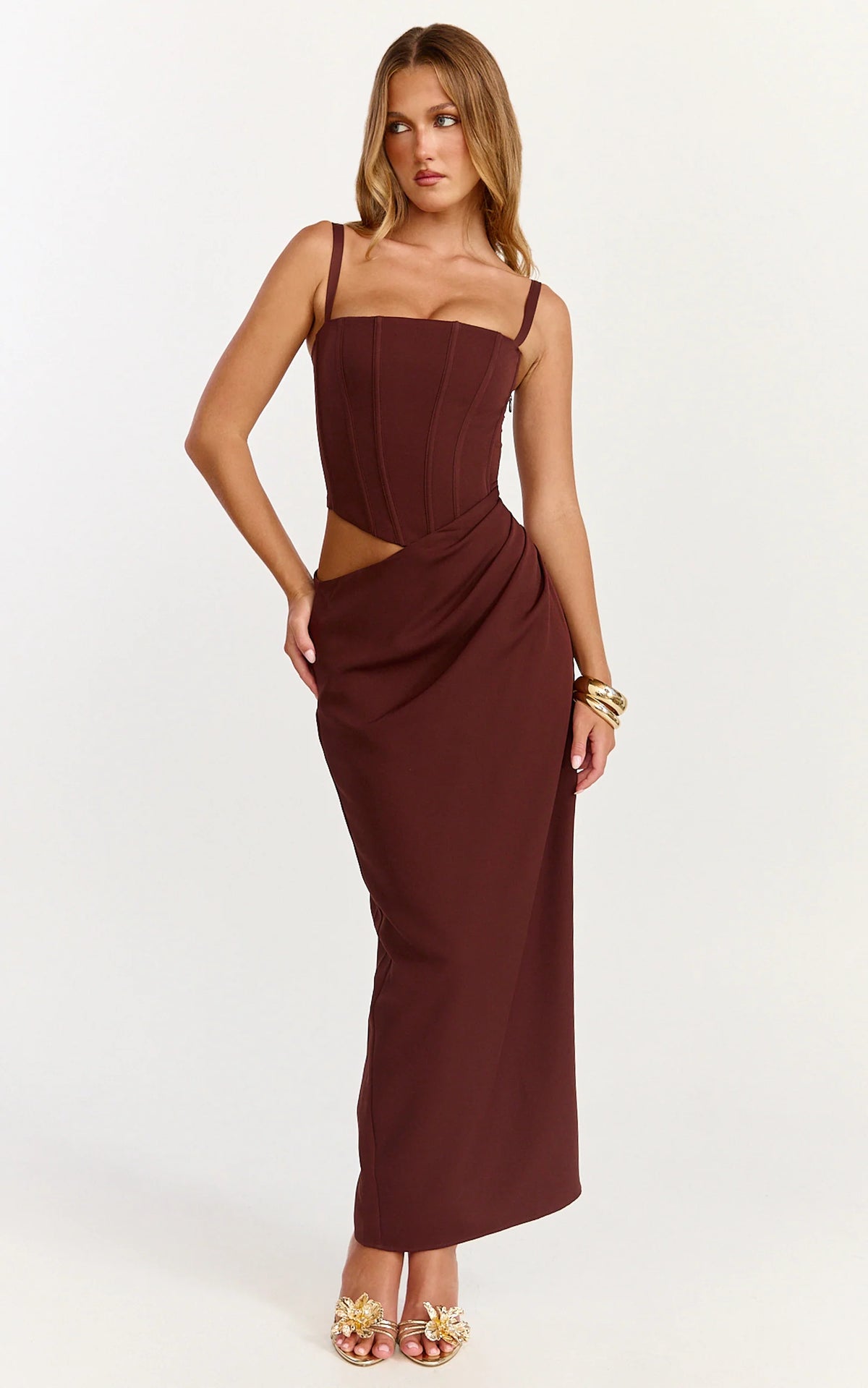 Jonas Maxi Dress - Strapless Corset Bodice Draped Waist Skirt Dress in Chocolate