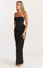 Phoebe Maxi Dress - Strapless Structured Bodice Drape Skirt Dress in Black