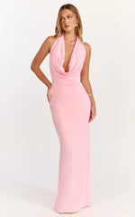 Sylvana Maxi Dress - Cowl Halter Neck Bodycon Dress in Baby Pink