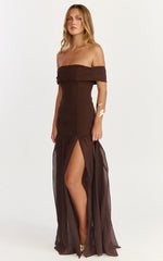 Florence Maxi Dress - Off Shoulder Sheer Skirt Dress in Chocolate