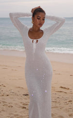 Laine Maxi Dress - Sequin Lace Wide Scoop Neck Long Sleeve Column Dress in White