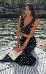 Amari Maxi Skirt - High Waisted Bias Cut Skirt in Black Polka Dot